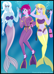Size: 1900x2580 | Tagged: safe, artist:physicrodrigo, character:fuchsia blush, character:lavender lace, character:trixie, my little pony:equestria girls, angler fish, bikini, clothing, gills, mermaid, mermaidized, scuba, species swap, swimsuit, transformation, trixie and the illusions, underwater, wetsuit