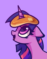 Size: 800x1000 | Tagged: safe, artist:lollipony, character:twilight sparkle, species:pony, newbie artist training grounds, atg 2020, bust, cute, female, floppy ears, food, horn, horn impalement, i'm pancake, open mouth, pancakes, profile, purple background, simple background, solo, twiabetes
