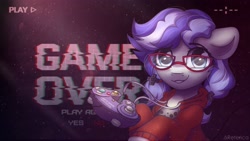 Size: 2936x1661 | Tagged: safe, artist:radioaxi, oc, oc only, oc:cinnabyte, species:pony, adorkable, cute, dork, female, game over, glasses, mare, open mouth, pigtails, purple, solo