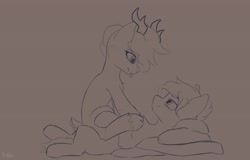 Size: 4096x2622 | Tagged: safe, artist:avery-valentine, species:deer, species:pony, monochrome, on back, original species, pillow, sitting on, sitting on pony, tongue out
