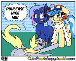 Size: 500x404 | Tagged: safe, artist:outofworkderpy, character:derpy hooves, oc, oc:bit rate, oc:easy breezy, species:earth pony, species:pegasus, species:pony, aviator goggles, aviator hat, awkward, begging, clothing, crying, dialogue, dock, female, floppy ears, freckles, goggles, hat, headset, lip bite, looking at each other, mare, speech bubble, spread wings, standing, trio, wings
