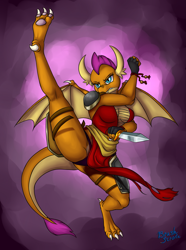 Size: 2191x2947 | Tagged: safe, artist:brushstroke, character:smolder, species:anthro, species:dragon, breasts, busty smolder, clothing, dragoness, female, fingerless gloves, gloves, high res, ninja, weapon
