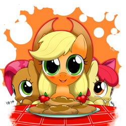 Size: 1200x1200 | Tagged: safe, artist:hoyeechun, character:apple bloom, character:applejack, character:babs seed, species:earth pony, species:pony, apple fritter (food), cousins, female, food, siblings, sisters, trio