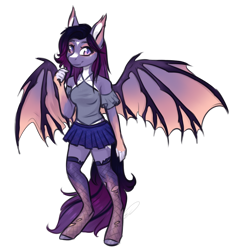 Size: 1024x1076 | Tagged: safe, artist:doekitty, oc, oc only, oc:dawn aurora, species:anthro, species:bat pony, species:pony, species:unguligrade anthro, anthro oc, bat pony oc, bat wings, clothing, female, mare, shirt, simple background, skirt, solo, transparent background, wings