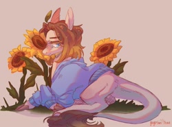 Size: 1280x949 | Tagged: safe, artist:yuyusunshine, species:earth pony, species:pony, clothing, flower, prone, solo, sunflower, sweater