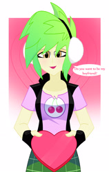 Size: 2058x3264 | Tagged: safe, artist:xan-gelx, character:cherry crash, g4, my little pony:equestria girls, box of chocolates, candy, cherry crash, chocolate, clothing, commission, dialogue, earmuffs, female, fingerless gloves, food, gloves, heart shaped box, looking at you, miniskirt, plaid skirt, skirt, solo, speech bubble, talking to viewer, vest