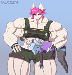 Size: 1920x2000 | Tagged: safe, artist:mopyr, oc, oc only, oc:fort, oc:moosin, species:anthro, black sclera, clothing, couple, evening gloves, gloves, horn, hybrid, long gloves, muscles, original species, outfit, overdeveloped muscles, size difference, socks, stockings, thigh highs, wide hips