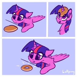Size: 1000x1000 | Tagged: safe, artist:lollipony, character:twilight sparkle, character:twilight sparkle (alicorn), species:alicorn, species:pony, g4, cheek fluff, chest fluff, comic, cute, donut, ear fluff, eye clipping through hair, female, food, horn, horn impalement, i'm pancake, mare, pancakes, signature, simple background, solo, spread wings, the uses of unicorn horns, twiabetes, wings