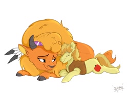 Size: 1280x931 | Tagged: safe, artist:rutkotka, character:braeburn, character:little strongheart, species:buffalo, species:earth pony, species:pony, ship:braeheart, clothing, cloven hooves, couple, cute, eyes closed, female, interspecies, lying down, male, older, older little strongheart, prone, shipping, simple background, smiling, snuggling, stallion, straight, vest, white background