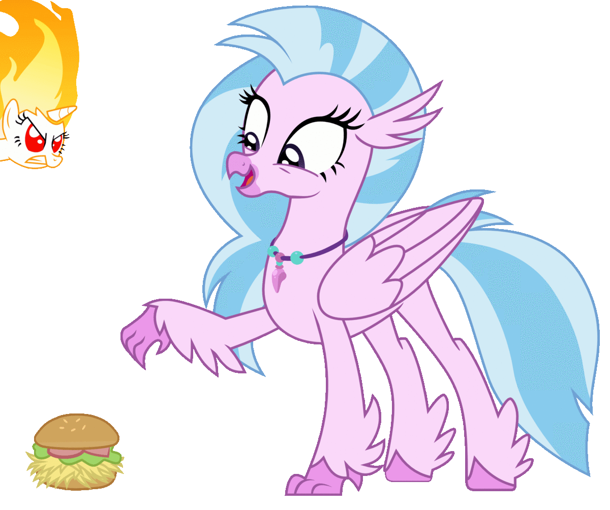 Size: 1200x1004 | Tagged: safe, artist:sir-teutonic-knight, artist:sonofaskywalker, edit, character:silverstream, character:twilight sparkle, species:classical hippogriff, species:hippogriff, angry, animated, burger, cute, diastreamies, duo, female, food, gif, happy, hay burger, mane of fire, open mouth, press the button, rapidash twilight, simple background, tail of fire, that pony sure does love burgers, transparent background, twilight burgkle