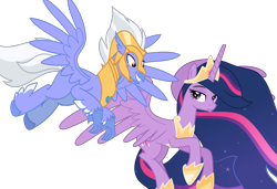 Size: 9551x6541 | Tagged: safe, artist:decprincess, artist:hendro107, edit, character:sky beak, character:twilight sparkle, character:twilight sparkle (alicorn), species:alicorn, species:classical hippogriff, species:hippogriff, species:pony, episode:the last problem, g4, my little pony: friendship is magic, armor, crown, ethereal mane, female, flying, galaxy mane, horseshoes, jewelry, looking at each other, male, necklace, older, older twilight, princess twilight 2.0, regalia, shipping, simple background, straight, tiara, transparent background, twibeak, vector, vector edit
