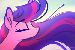Size: 1800x1200 | Tagged: safe, artist:lollipony, character:twilight sparkle, species:pony, newbie artist training grounds, atg 2020, bust, ear fluff, eyebrows, eyebrows visible through hair, eyes closed, female, flowing mane, mare, portrait, profile, solo