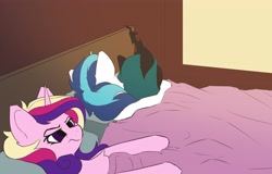 Size: 4096x2622 | Tagged: safe, artist:avery-valentine, character:princess cadance, character:queen chrysalis, character:shining armor, species:alicorn, species:changeling, species:pony, species:unicorn, ship:shining chrysalis, ah yes me my girlfriend and her x, annoyed, bed, cadance is not amused, changeling queen, cheek fluff, ear fluff, female, frown, glare, grumpy, husband and wife, lidded eyes, male, mare, meme, messy mane, on side, shipping, stallion, straight, unamused