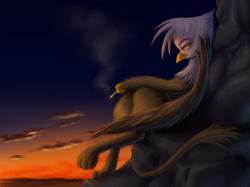 Size: 3333x2499 | Tagged: safe, artist:swaetshrit, character:gilda, species:griffon, cigarette, detailed, high res, smoking, sunset