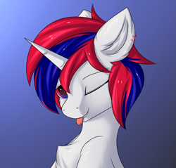 Size: 3067x2929 | Tagged: safe, artist:snowstormbat, oc, oc:retalia ion, species:pony, species:unicorn, bust, chest fluff, female, gradient background, looking at you, mare, portrait, solo, tongue out