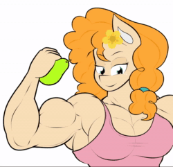 Size: 856x824 | Tagged: safe, artist:calm wind, artist:matchstickman, character:pear butter, species:anthro, abs, animated, biceps, clothing, dialogue, female, flexing, food, frame by frame, fruit, grin, looking at you, muscles, one eye closed, pear, pear buffer, pecs, shirt, simple background, sleeveless, sleeveless shirt, smiling, solo, sound, triceps, vein bulge, webm, white background, wink