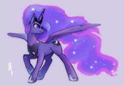 Size: 2039x1418 | Tagged: safe, artist:hosikawa, character:princess luna, species:alicorn, species:pony, ethereal mane, female, galaxy mane, gray background, mare, simple background, solo, spread wings, wings