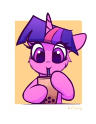 Size: 953x1235 | Tagged: safe, artist:lollipony, character:twilight sparkle, species:pony, newbie artist training grounds, abstract background, atg 2020, bubble tea, cheek fluff, cute, drink, drinking, female, hoof hold, mare, solo, straw, twiabetes