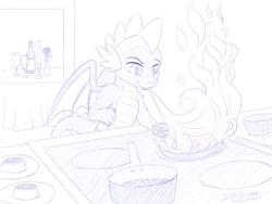 Size: 1024x768 | Tagged: safe, artist:novaintellus, character:spike, species:dragon, newbie artist training grounds, atg 2020, candle, cooking, dragonfire, flower, frying pan, glass, male, monochrome, rose, solo, stove, wine bottle, wine glass, winged spike