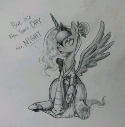 Size: 852x865 | Tagged: safe, artist:discommunicator, character:princess luna, clothing, dress, female, grayscale, monochrome, sketch, solo