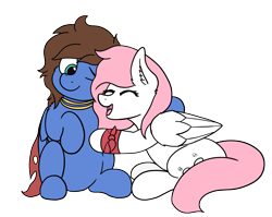 Size: 2655x2118 | Tagged: safe, artist:aaathebap, oc, oc only, oc:bizarre song, oc:sugar morning, species:pegasus, species:pony, cape, clothing, colored, couple, cute, eyes closed, female, happy, hug, male, mare, not fluttershy, oc x oc, shipping, simple background, sitting, smiling, stallion, straight, sugarre, transparent background