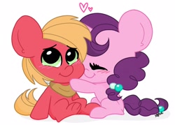 Size: 2048x1463 | Tagged: safe, artist:kittyrosie, character:big mcintosh, character:sugar belle, species:earth pony, species:pony, species:unicorn, ship:sugarmac, blushing, chibi, cute, eyes closed, female, heart, male, mare, shipping, simple background, sitting, smiling, stallion, straight, white background