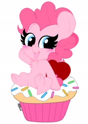 Size: 1463x2048 | Tagged: safe, artist:kittyrosie, character:pinkie pie, species:earth pony, species:pony, blushing, cherry, chest fluff, cupcake, cute, diapinkes, female, food, mare, open mouth, ponies in food, simple background, sitting, solo, white background