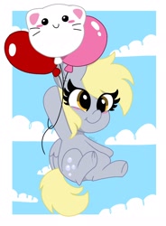 Size: 1506x2048 | Tagged: safe, artist:kittyrosie, character:derpy hooves, species:pegasus, species:pony, balloon, blushing, cloud, cute, derpabetes, female, floating, flying, mare, sky, smiling, solo