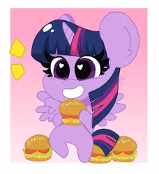 Size: 1867x2048 | Tagged: safe, artist:kittyrosie, character:twilight sparkle, character:twilight sparkle (alicorn), species:alicorn, species:pony, bipedal, blushing, burger, chibi, cute, female, food, happy, hay burger, heart eyes, mare, smiling, solo, that pony sure does love burgers, twiabetes, twilight burgkle, wingding eyes