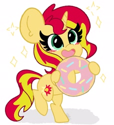 Size: 1867x2048 | Tagged: safe, artist:kittyrosie, character:sunset shimmer, species:pony, species:unicorn, bipedal, blushing, cute, donut, female, food, hoof hold, mare, open mouth, shimmerbetes, simple background, solo, white background