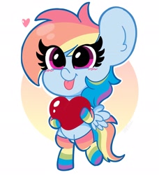 Size: 1867x2048 | Tagged: safe, artist:kittyrosie, character:rainbow dash, species:pegasus, species:pony, abstract background, bipedal, blep, blushing, clothing, cute, dashabetes, female, heart, hoof hold, mare, rainbow socks, socks, solo, striped socks, tongue out, weapons-grade cute