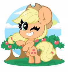 Size: 1928x2048 | Tagged: safe, artist:kittyrosie, part of a set, character:applejack, species:earth pony, species:pony, apple, apple tree, blushing, cloud, cute, female, jackabetes, looking at you, mare, one eye closed, rearing, sky, smiling, solo, sun, tree, wink