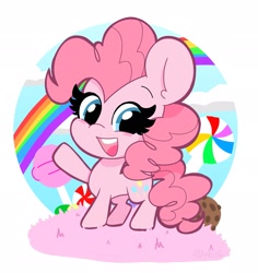 Size: 1931x2048 | Tagged: safe, artist:kittyrosie, part of a set, character:pinkie pie, species:earth pony, species:pony, blushing, candy, cute, diapinkes, female, food, ice cream, lollipop, mare, open mouth, rainbow, smiling, solo
