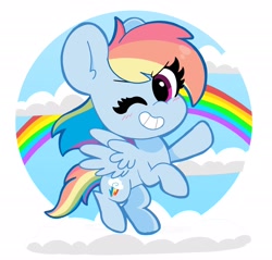 Size: 2048x1959 | Tagged: safe, artist:kittyrosie, part of a set, character:rainbow dash, species:pegasus, species:pony, blushing, cloud, cute, dashabetes, female, flying, mare, one eye closed, rainbow, sky, smiling, solo, wink
