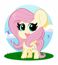 Size: 1900x2100 | Tagged: safe, artist:kittyrosie, part of a set, character:fluttershy, species:pegasus, species:pony, blushing, butterfly, chibi, cloud, cute, female, looking at you, mare, open mouth, partial background, shyabetes, sky, smiling, solo, spread wings, standing, three quarter view, wings