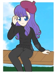 Size: 1750x2250 | Tagged: safe, artist:kittyrosie, character:rarity, species:human, alternate hairstyle, beatnik rarity, beret, blushing, clothing, colored pupils, cute, female, hat, humanized, looking at you, raribetes, sitting, solo, sweater