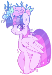 Size: 892x1280 | Tagged: safe, artist:euphoriapony, character:twilight sparkle, character:twilight sparkle (alicorn), species:alicorn, species:pony, cute, female, flower, flower in hair, folded wings, heart, looking back, mare, simple background, smiling, solo, transparent background, twiabetes, wings