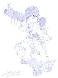 Size: 1024x1366 | Tagged: safe, artist:novaintellus, character:scootaloo, species:pegasus, species:pony, newbie artist training grounds, atg 2020, clothing, female, monochrome, rocket launcher, scooter, semi-anthro, simple background, soldier, solo, team fortress 2, white background