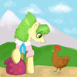 Size: 700x700 | Tagged: safe, artist:robynne, character:chickadee, character:ms. peachbottom, species:chicken, episode:games ponies play, g4, my little pony: friendship is magic