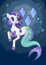 Size: 650x912 | Tagged: safe, artist:heinymanta, artist:misukitty, character:rarity, episode:scare master, g4, my little pony: friendship is magic, bubble, clothing, costume, cute, cutie mark, female, mermaid, mermaidized, mermarity, merpony, nightmare night costume, open mouth, raribetes, seashell, seashell bra, solo, species swap