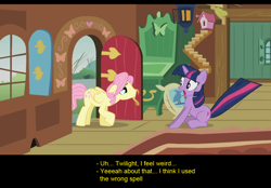 Size: 1024x714 | Tagged: safe, artist:trotsworth, character:fluttershy, character:twilight sparkle, character:twilight sparkle (unicorn), species:pegasus, species:pony, species:unicorn, comic:wrong spell, butterscotch, meme origin, rule 63