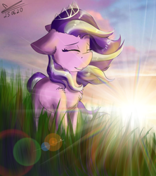 Size: 940x1060 | Tagged: safe, artist:yuris, character:diamond tiara, species:pony, cheek fluff, chest fluff, eyes closed, female, jewelry, leg fluff, lens flare, open mouth, raised hoof, redrawn, shining, shoulder fluff, smiling, solo, sunrise, tiara