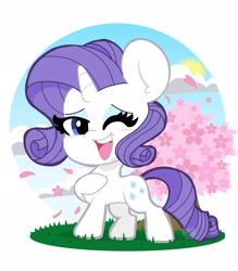 Size: 1792x2048 | Tagged: safe, artist:kittyrosie, part of a set, character:rarity, species:pony, species:unicorn, cherry blossoms, cloud, cute, female, flower, flower blossom, mare, one eye closed, open mouth, raribetes, sky, solo, tree