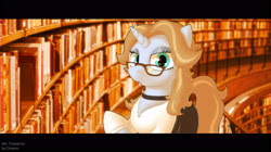 Size: 3300x1850 | Tagged: safe, artist:dmann892, oc, oc only, oc:freewrite, species:pony, species:unicorn, bookshelf, female, glasses, letterboxing, librarian, library, mare, solo
