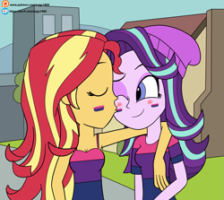 Size: 4541x4053 | Tagged: safe, artist:eagc7, character:starlight glimmer, character:sunset shimmer, ship:shimmerglimmer, my little pony:equestria girls, beanie, bi sunset, bisexual, bisexual pride flag, blushing, clothing, commission, dress, face paint, female, hat, kiss on the cheek, kissing, ko-fi, lesbian, patreon, pride, pride flag, pride month, shipping, shirt, sleeveless, t-shirt, tank top