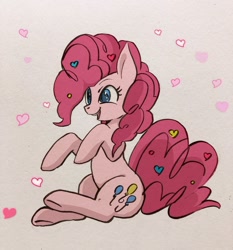 Size: 1108x1187 | Tagged: safe, artist:hosikawa, character:pinkie pie, species:earth pony, species:pony, colored pupils, cute, diapinkes, female, heart, mare, open mouth, simple background, sitting, smiling, solo, white background