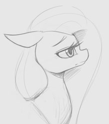 Size: 616x704 | Tagged: safe, artist:tre, character:fluttershy, species:pegasus, species:pony, bereft, bust, female, floppy ears, frown, gray background, looking away, mare, monochrome, profile, side view, simple background, sketch, solo