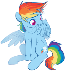 Size: 638x705 | Tagged: dead source, safe, artist:clovercoin, character:rainbow dash, species:pegasus, species:pony, g4, biting, cute, dashabetes, female, mare, preening, simple background, sitting, solo, white background, wing bite