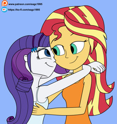 Size: 2769x2937 | Tagged: safe, artist:eagc7, character:rarity, character:sunset shimmer, ship:sunsarity, my little pony:equestria girls, arms around neck, bedroom eyes, clothing, duo, female, hug, ko-fi, lesbian, patreon, shipping, simple background, sleeveless, tank top