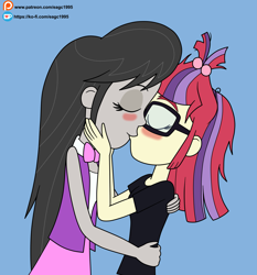 Size: 3537x3789 | Tagged: safe, artist:eagc7, character:moondancer, character:octavia melody, my little pony:equestria girls, blushing, duo, duo female, eyes closed, female, glasses, kissing, ko-fi, lesbian, patreon, simple background